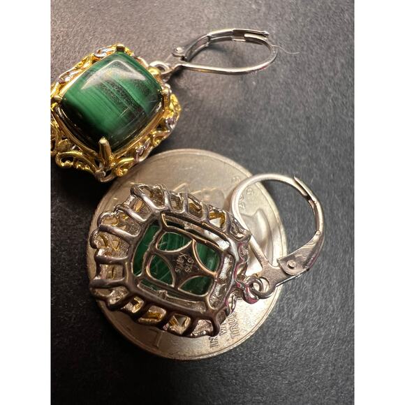 New Karis Platinum & 18K Gold Plated Malachite Leverback Earrings - Picture 4 of 9